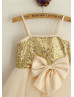 Spaghetti Straps Gold Sequin Champagne Tulle Ruffled Flower Girl Dress